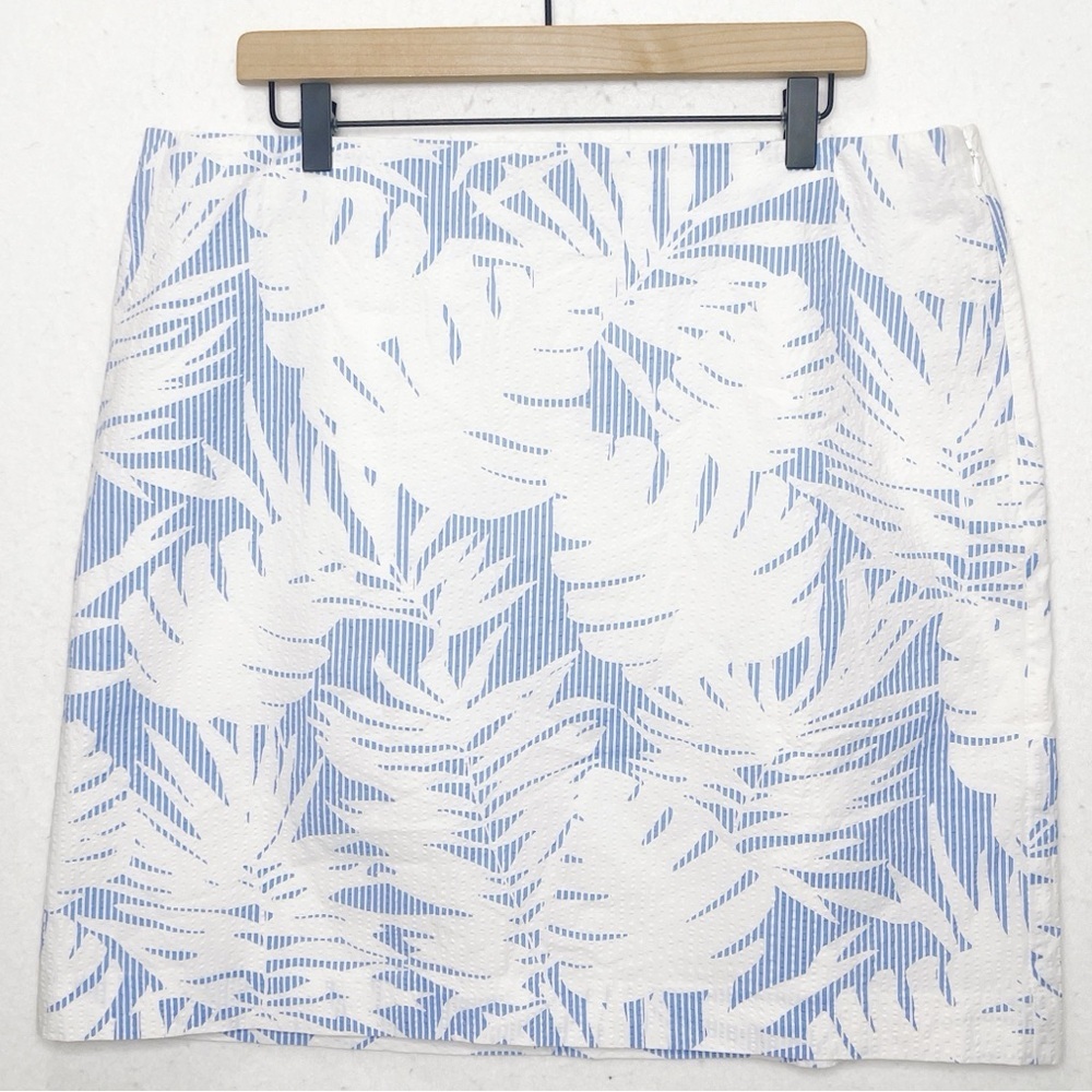 Talbots Tropical Hawaiian Palm Print 100% Cotton Seersucker Blue White Skirt 16 - Picture 2 of 10